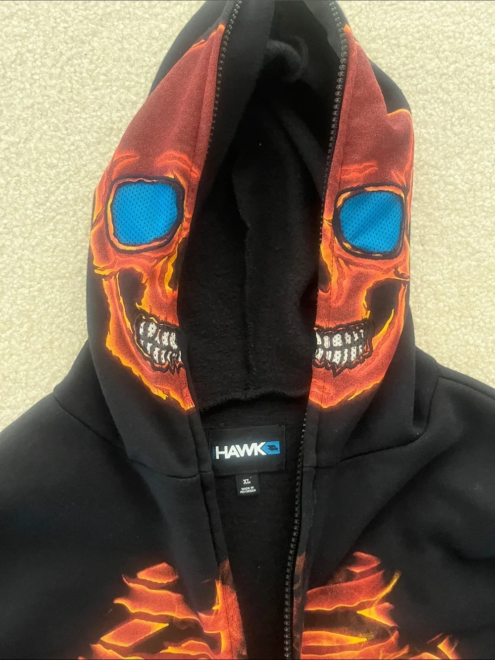 Tony Hawk Black Hoodie with Orange Flame Skull and Blue Eye Accents